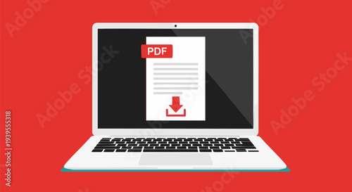 Laptop with PDF Document Download Icon Vector Illustration on Red Background for Digital File Transfer and Online Content Access