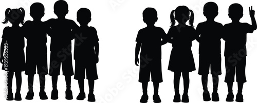 Children group silhouette, kids friendship concept, happy childhood illustration, teamwork kids standing together, childhood unity, school friends, playful kids