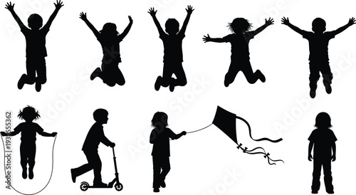 Children playing silhouettes set, kids jumping skipping rope riding scooter and flying kite isolated on white background vector