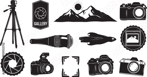 Black and white photography icons and camera equipment symbols
