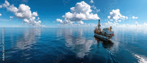 Drilling Ship on the Horizon: An imposing drilling ship cuts through the vast expanse of the ocean, beneath a sky dotted with fluffy clouds, symbolizing exploration and resource extraction.