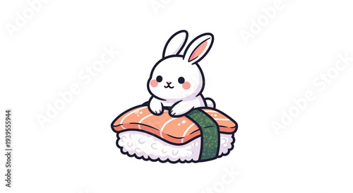 Adorable white bunny illustration playfully sitting on a delicious salmon nigiri sushi, a charming and whimsical graphic merging cute animals with popular Japanese cuisine