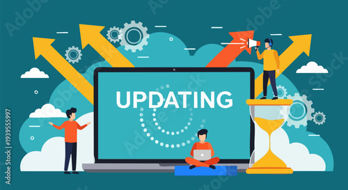Updating System Process Vector Illustration with Laptop, People, and Progress Arrows for Software Upgrade and Data Synchronization