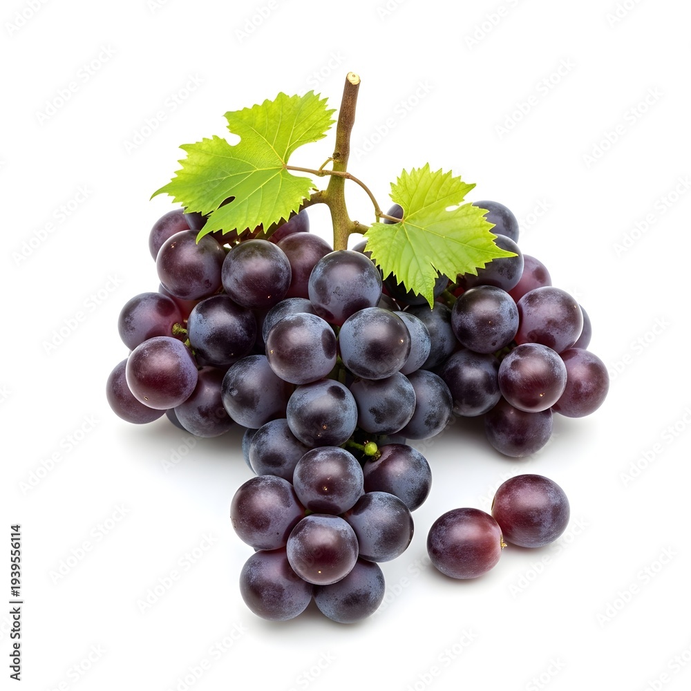 Fototapeta premium A cluster of purple grapes with green leaves on a white background
