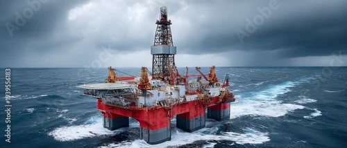 Offshore Oil Rig in Turbulent Waters: An imposing offshore oil rig battles the churning sea under a dramatic sky.