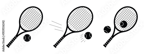 Tennis Racket and Ball Icons, professional vector pack showing rackets, balls, and dynamic motion graphics representing serves and play, scalable illustrations perfect for sports apps