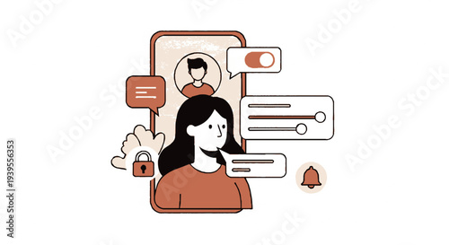 Woman with long hair surrounded by social media and security symbols on a mobile device screen with notifications