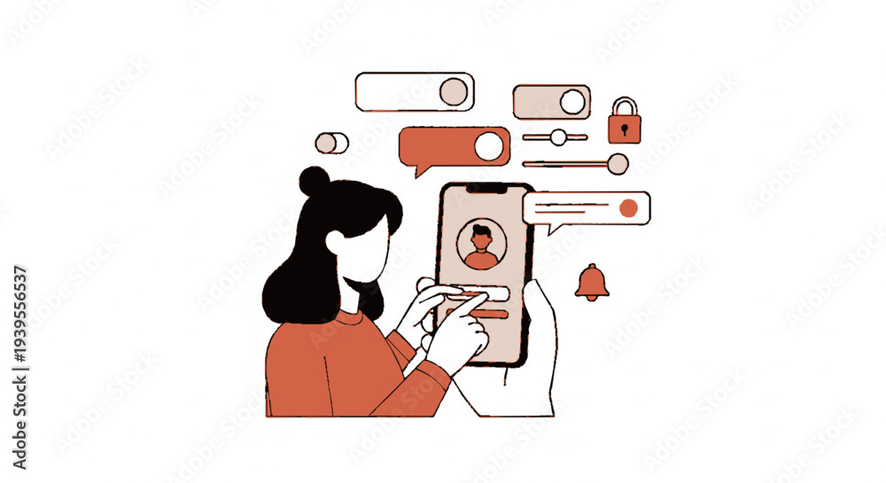 Fototapeta premium Woman interacting with smartphone online profile security icons and chat bubbles floating above