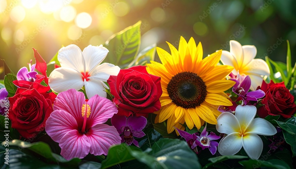 Fototapeta premium Vibrant bouquet of roses, sunflowers, hibiscus, and plumeria flowers in full bloom outdoors