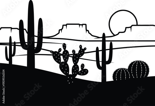 A stark black and white illustration of a desert landscape at sunset
