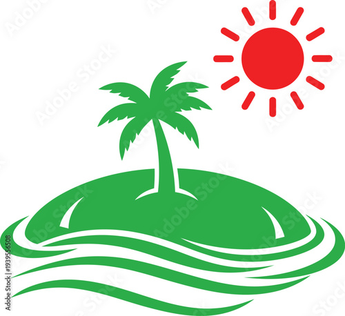Tropical island with a palm tree and bright red sun illustration