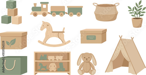 Sustainable kids playroom elements with wooden toy blocks train basket plant in sage green warm beige light wood for eco friendly children branding design