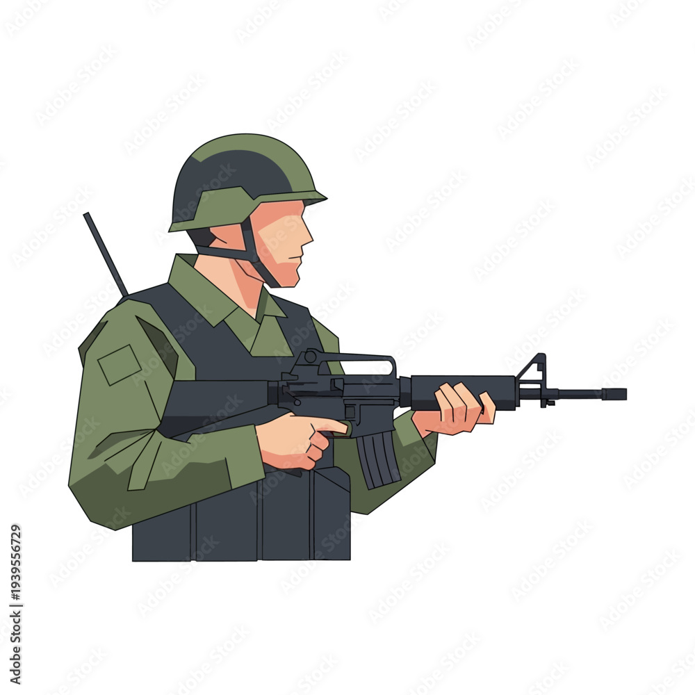 Fototapeta premium Soldier in tactical gear holding an assault rifle, ready for action