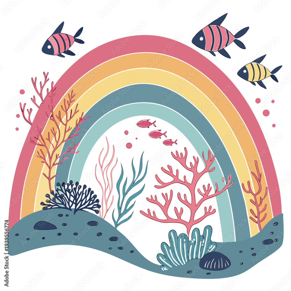 Naklejka premium Underwater scene with rainbow arch, coral reefs, seaweed and stylized fish swimming