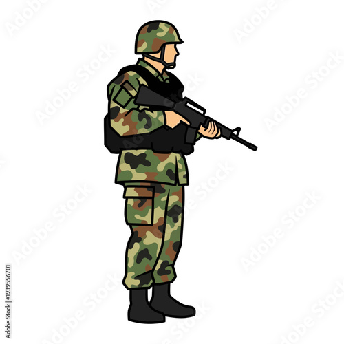 Soldier in camouflage uniform holding rifle, standing alert, military, army, defense
