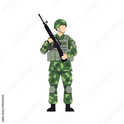 Soldier in camouflage uniform holding rifle, ready for action