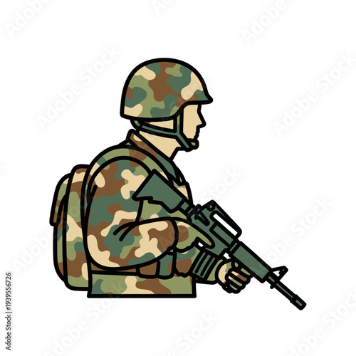 Soldier in camouflage uniform with rifle and backpack, side view, military concept