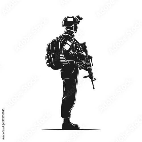 Soldier in tactical gear with rifle and backpack, profile view, black and white