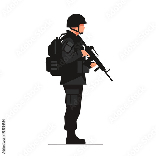 Soldier in tactical gear with rifle and backpack, standing ready for action