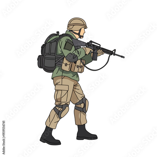 Soldier in tactical gear with rifle, walking with backpack, military action concept