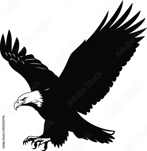 A striking black and white illustration of a bald eagle in flight