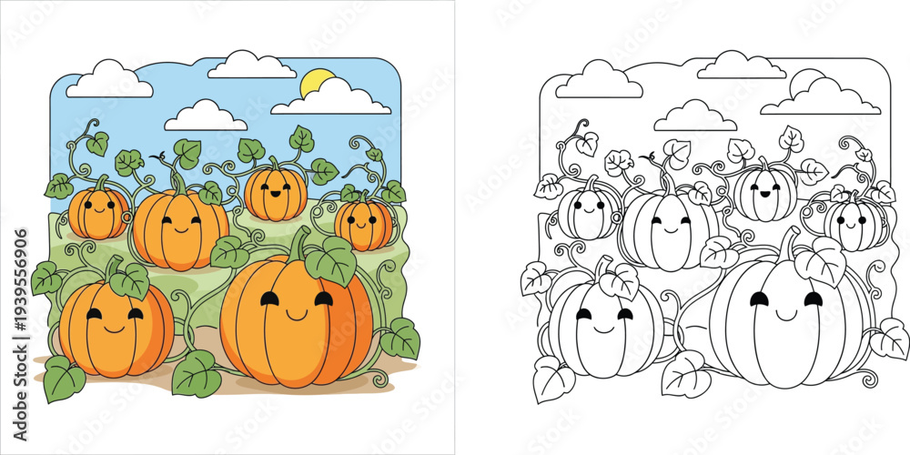 Obraz premium Cute cartoon pumpkin patch with smiling faces for children coloring page illustration