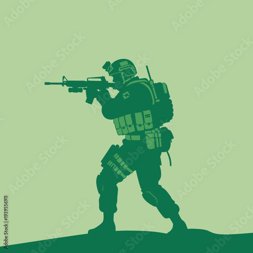 Soldier aiming rifle, tactical gear, military action, green silhouette, combat readiness