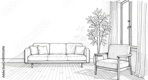 Minimalist Living Room Interior with Sofa and Armchair.