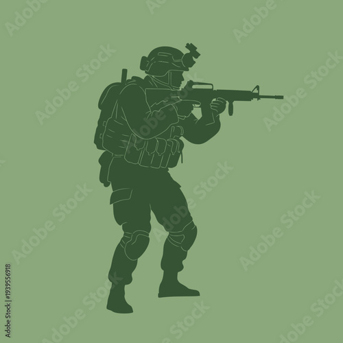 Soldier aiming rifle, tactical gear, military, combat, action pose, green silhouette