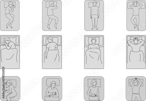 Illustration of various sleeping positions and body postures of men and women in bed including fetal side and back sleepers