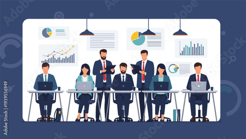 Diverse team of business professionals working at their desks with various data visualization charts in the background.