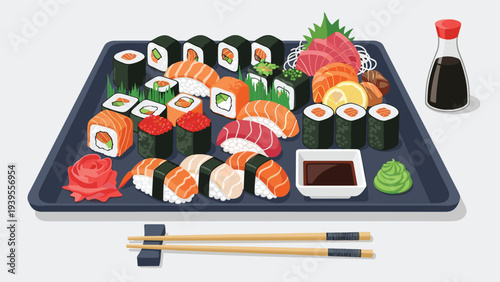 Large assortment of fresh sushi rolls and nigiri served on a dark tray with soy sauce, wasabi, and pickled ginger.