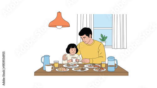 Caring father and his young daughter enjoy a nutritious breakfast together at the dining table with croissants, juice, and coffee.