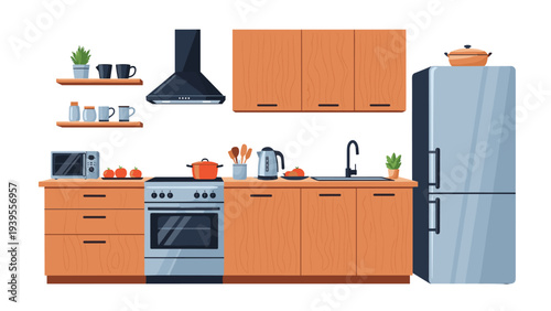 Modern kitchen interior featuring wooden cabinets, stainless steel appliances, a stove, microwave, and refrigerator in a clean organized layout.