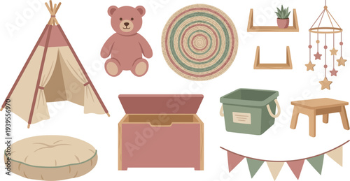 Sustainable nursery playroom decor elements with teepee tent plush bear woven rug in dusty rose sage oatmeal for eco conscious children branding design