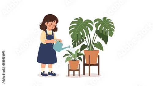 Young girl wearing an apron diligently waters large monstera houseplants in terracotta pots to maintain her beautiful indoor garden.