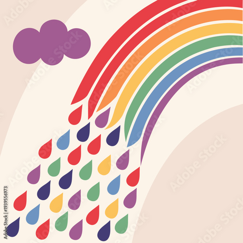 Colorful rainbow arc with stylized purple cloud and dripping raindrops in various rainbow colors on a pastel background
