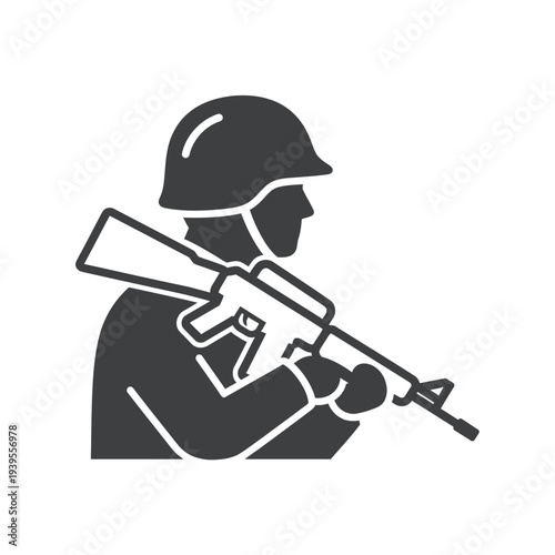 Soldier holding assault rifle, military icon, army uniform, combat readiness