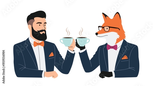Elegant man with a beard and a fox dressed in formal suits clink coffee cups together while sharing a friendly conversation at a table.