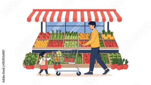 Father and daughter enjoy shopping together at an outdoor market stall filled with a wide variety of fresh vegetables and healthy produce.