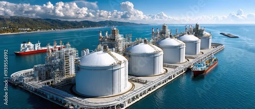 Industrial Marvel at Sea: A stunning illustration of a modern industrial complex, with colossal storage tanks and intricate pipelines, situated on a platform over the serene water.