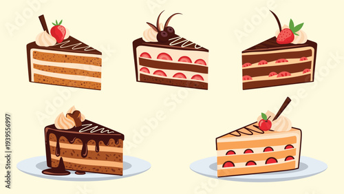 Delicious assortment of various cake slices including chocolate drizzle and strawberry toppings displayed on plates for a sweet dessert selection.