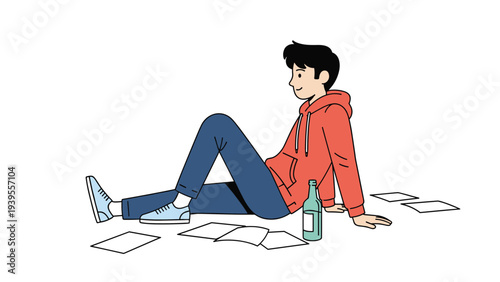 Relaxed young man in a red hoodie sits on the floor surrounded by papers and a bottle of traditional Korean soju in a casual setting.