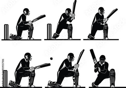 Cricket batsman action silhouettes set, black and white vector illustration of players batting different shots isolated on white