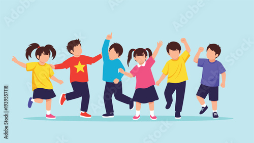 Group of diverse young children having fun while dancing together in various energetic poses against a light blue background.