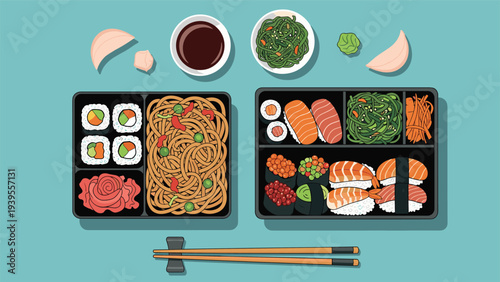 Top view of two Japanese bento boxes filled with a variety of delicious food including sushi rolls, noodles, seaweed salad, and ginger.