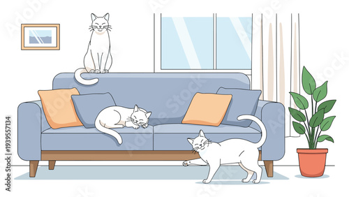 Three cute white cats relaxing in a cozy living room with one sleeping on the sofa, one sitting on top, and another playing on the floor.
