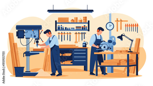 Two skilled woodworkers in a workshop use professional tools like a drill press and a circular saw to craft wooden furniture and planks.
