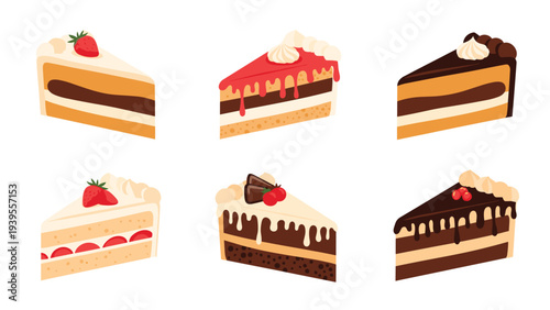 Selection of six different gourmet cake slices featuring various layers, frostings, and delicious toppings like strawberries and chocolate.