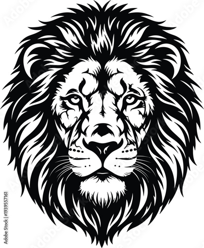 A striking black and white illustration of a majestic lion s head